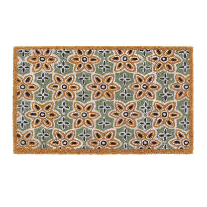 Sage Green Woodblock Coir Doormat made from natural coconut fibres, featuring a colourful woodblock pattern.