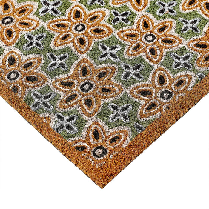 Sage Green Woodblock Coir Doormat made from natural coconut fibres, featuring a colourful woodblock pattern.