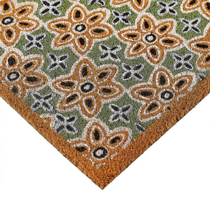 Sage Green Woodblock Coir Doormat made from natural coconut fibres, featuring a colourful woodblock pattern.