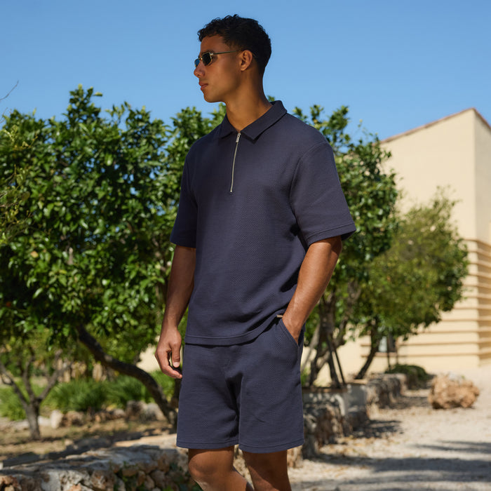 Short Sleeve Textured Polo Twinset | Navy