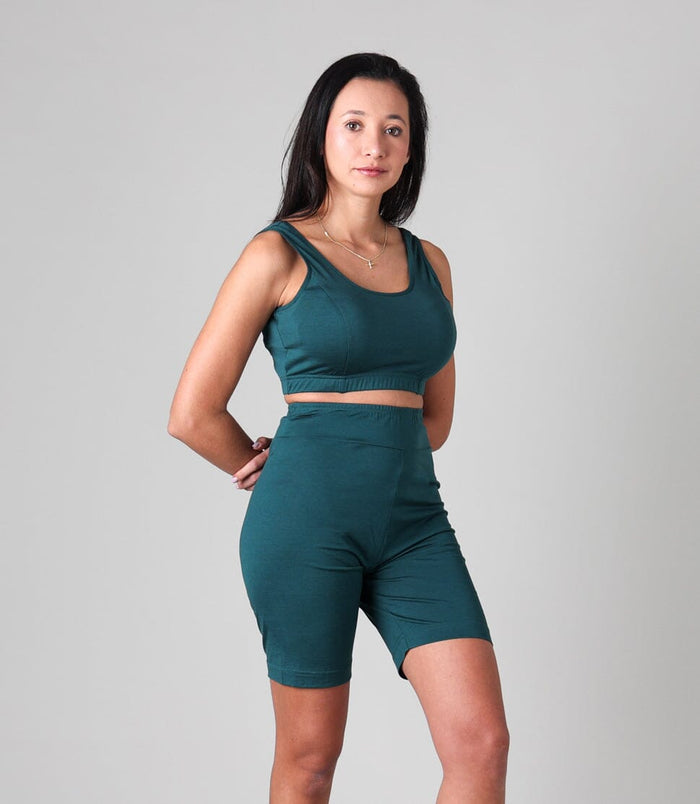 100% natural Silkspun FlexiBra paired with Glide Shorts in Deep Sea Green