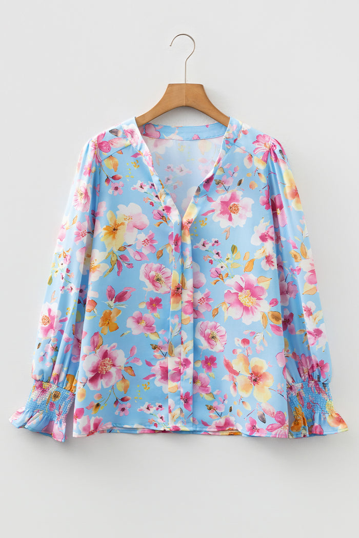 Sky Blue Floral Smocked Cuff Flounce Sleeve V Neck Blouse