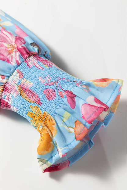 Sky Blue Floral Smocked Cuff Flounce Sleeve V Neck Blouse