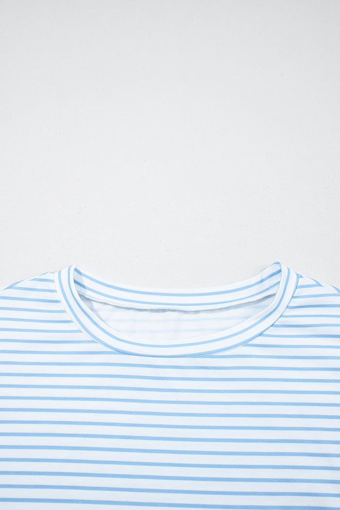 Sky Blue Stripe Floral Three Quarter Sleeves Patchwork Drop Shoulder Top