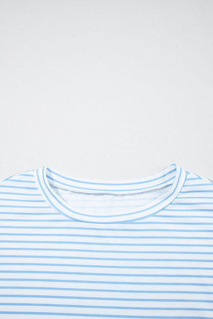 Sky Blue Stripe Floral Three Quarter Sleeves Patchwork Drop Shoulder Top