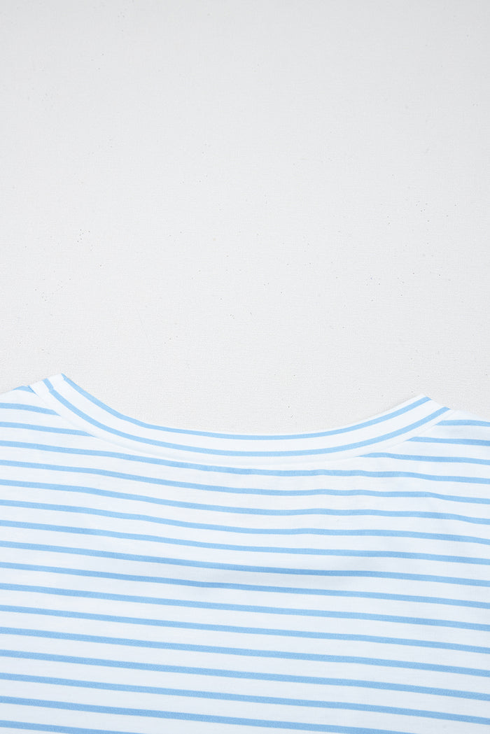 Sky Blue Stripe Floral Three Quarter Sleeves Patchwork Drop Shoulder Top