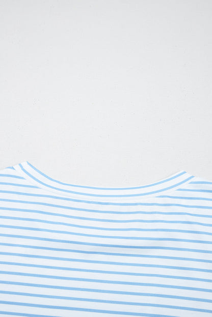 Sky Blue Stripe Floral Three Quarter Sleeves Patchwork Drop Shoulder Top