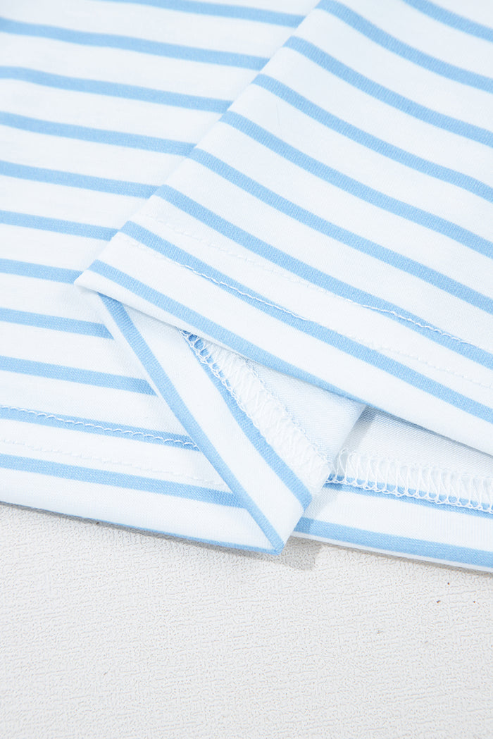 Sky Blue Stripe Floral Three Quarter Sleeves Patchwork Drop Shoulder Top