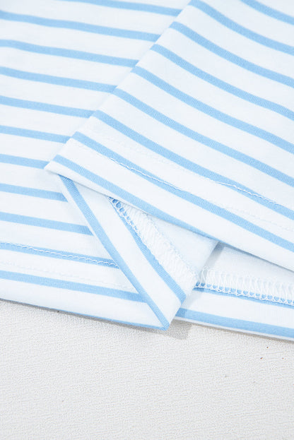 Sky Blue Stripe Floral Three Quarter Sleeves Patchwork Drop Shoulder Top