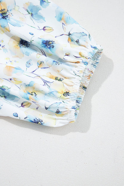 Sky Blue Stripe Floral Three Quarter Sleeves Patchwork Drop Shoulder Top