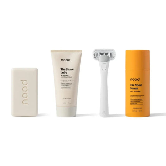 Nood Smooth Moves Kit including Buff Bar, Shave Lube, razor, and Nood Serum daily aftercare products on white background