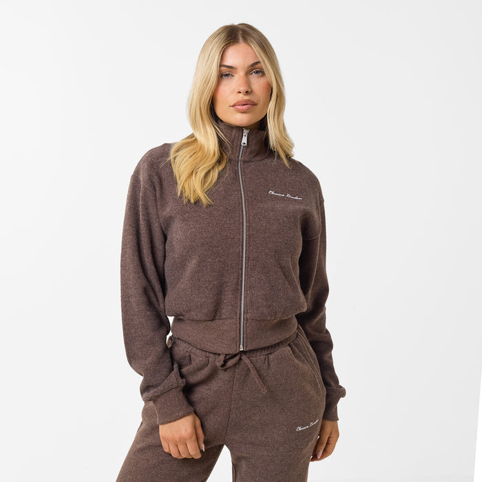 Women's Coffee Soft Knit Bomber Closure London  Front View