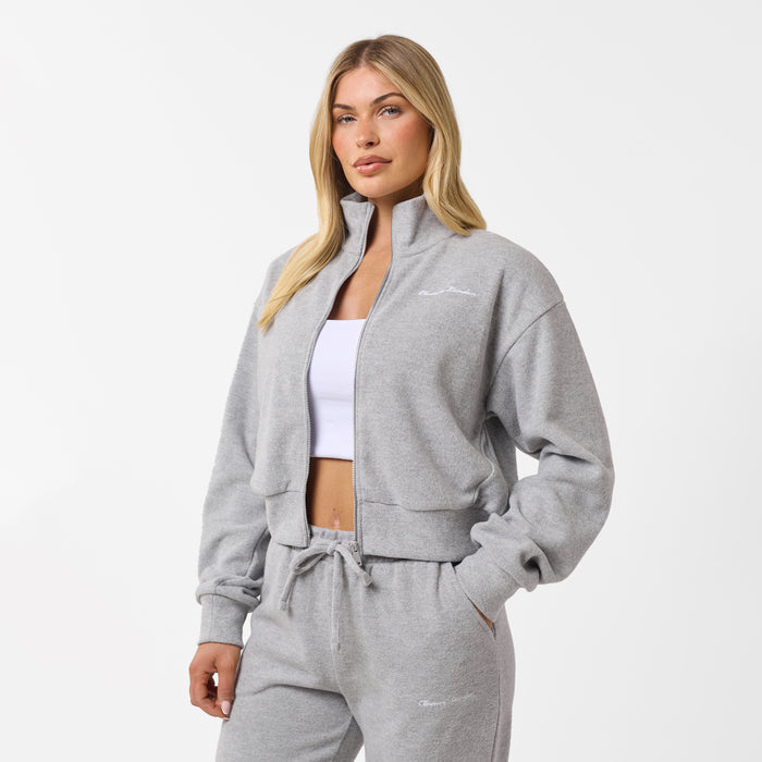 Women's Grey Marl Soft Knit Bomber Closure London  Front View
