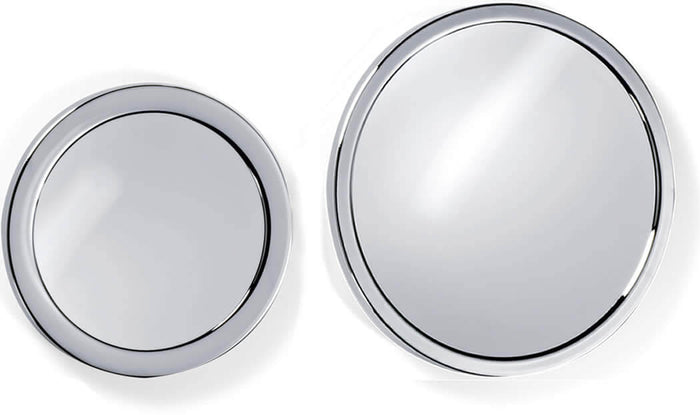 SPT 1 Left - 5.5" Diameter.   SPT 2 Right, 7.5" Diameter..  Both sizes have three strong suction cups at rear and both are crafted from Stainless Steel.  5x Magnification.