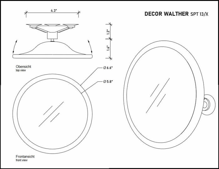 SPT 13/X Suction Cup Travel Makeup Mirror technical drawing.  10x Magnification.