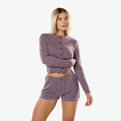 Stripe Short Twinset | Plum/White