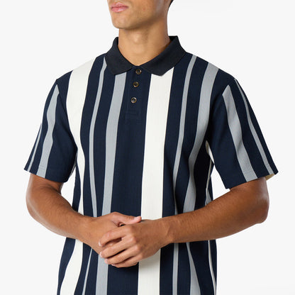 Striped Button Polo Shirt | Navy/White