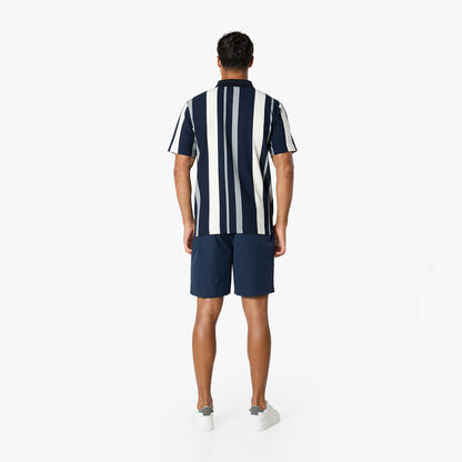 Striped Button Polo Shirt | Navy/White