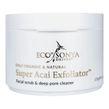 Jar of Eco by Sonya Super Acai Exfoliator on a white background. Facial scrub & deep pore cleaner