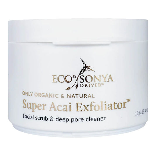 Jar of Eco by Sonya Super Acai Exfoliator on a white background. Facial scrub & deep pore cleaner