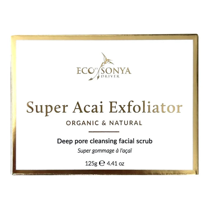 Box packaging of Eco By Sonya Super Acai Exfoliator - Deep pore cleansing facial scrub. White & gold packaging.