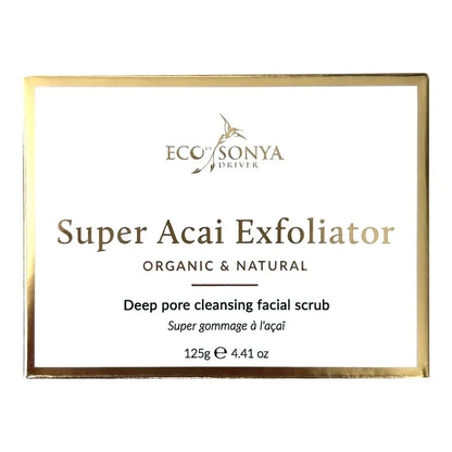 Box packaging of Eco By Sonya Super Acai Exfoliator - Deep pore cleansing facial scrub. White & gold packaging.