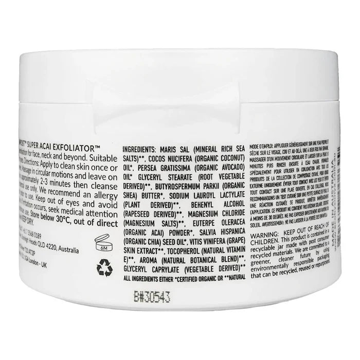 Back of Eco By Sonya Super Acai Exfoliator showing ingredients and other product information.