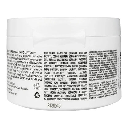 Back of Eco By Sonya Super Acai Exfoliator showing ingredients and other product information.