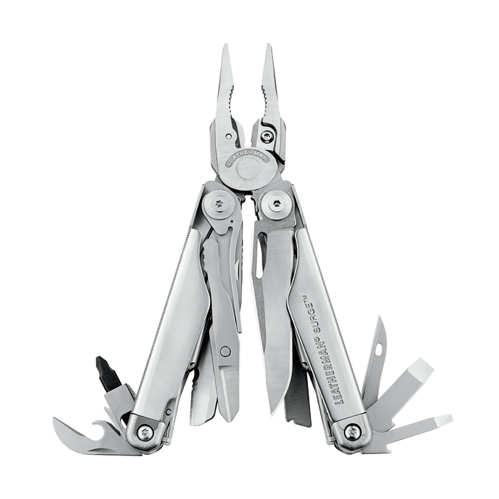 Stainless Steel Leatherman Surge® multi-tool with pliers and various blades displayed in an open position.