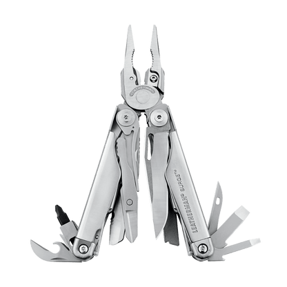 Stainless Steel Leatherman Surge® multi-tool with pliers and various blades displayed in an open position.