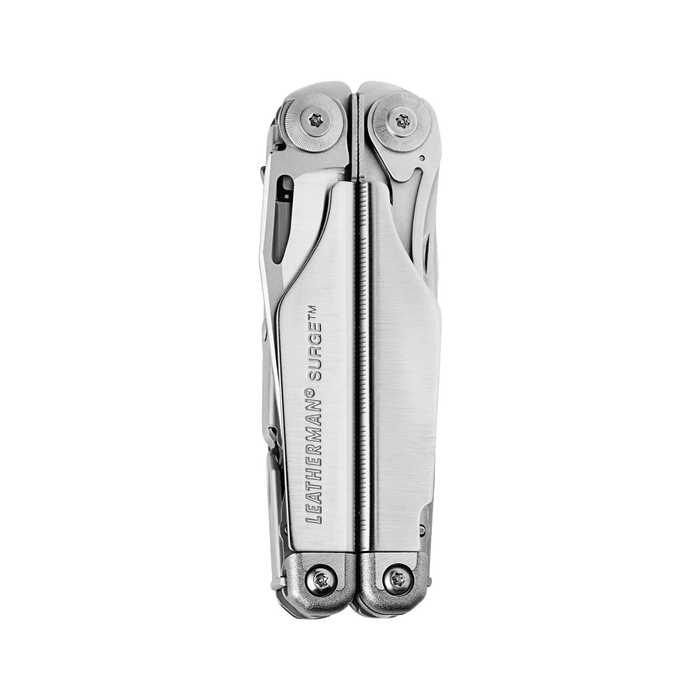 Stainless steel Leatherman Surge® multi-tool closed showcasing its compact design.