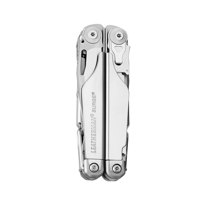Stainless steel Leatherman Surge® multi-tool closed showcasing its compact design.