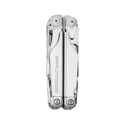 Stainless steel Leatherman Surge® multi-tool closed showcasing its compact design.