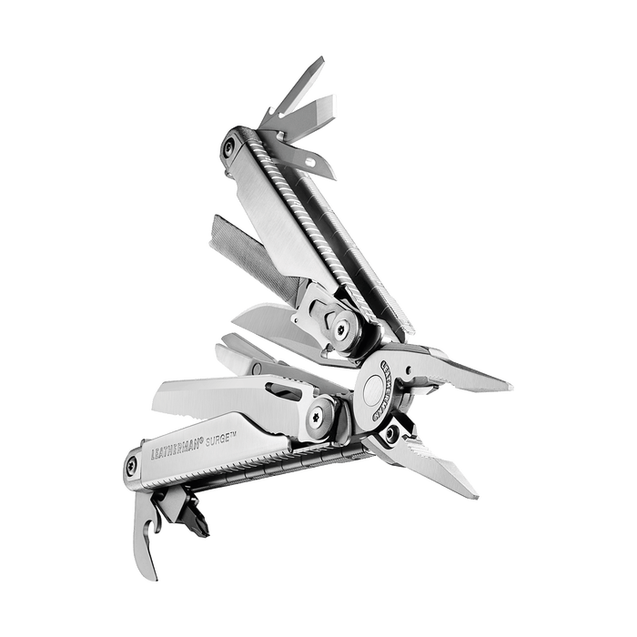 Stainless steel Leatherman Surge® multi-tool beauty image showing the various tools and features.