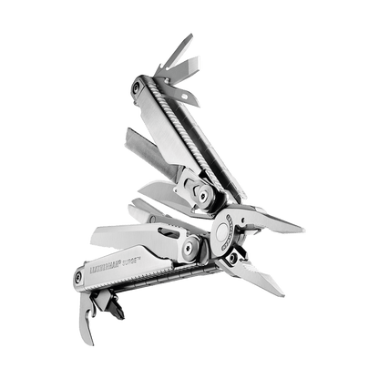 Stainless steel Leatherman Surge® multi-tool beauty image showing the various tools and features.