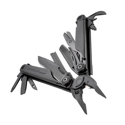 Black Leatherman Surge® multi-tool beauty image showing the various tools and features.