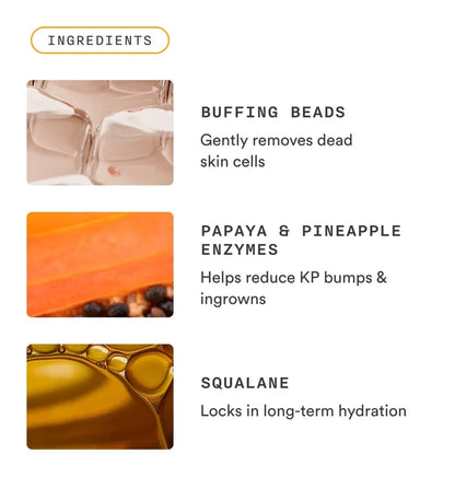 Nood Buff Bar ingredient breakdown showing Buffing Beads for dead skin removal, Papaya and Pineapple Enzymes for ingrowns, and Squalane for hydration