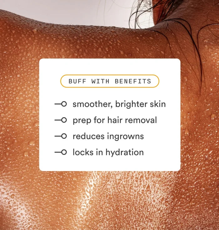 Close-up of skin with Buff Bar benefits overlay — smoother brighter skin, prep for hair removal, reduces ingrowns, locks in hydration