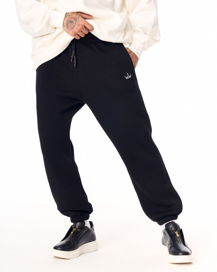 Martin Valen The Crown oversized black jogger, close front view showing drawstring and white crown logo
