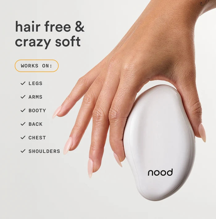 Hand holding Nood Eraser exfoliating hair removal tool showing treatment areas including legs, arms, booty, back, chest, and shoulders