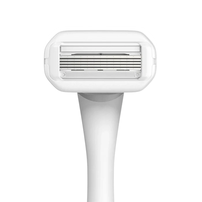 Nood razor front-facing product shot showing 5-blade cartridge head with ergonomic white handle on white background