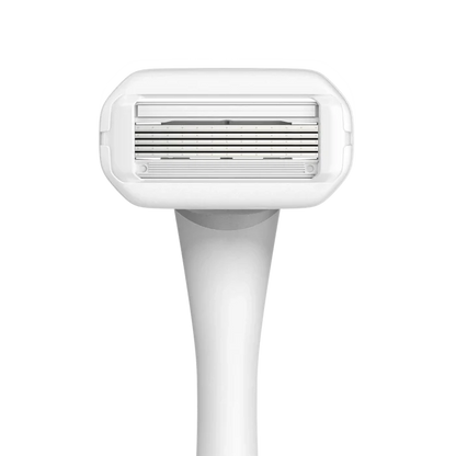 Nood razor front-facing product shot showing 5-blade cartridge head with ergonomic white handle on white background