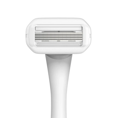Nood razor front-facing product shot showing 5-blade cartridge head with ergonomic white handle on white background