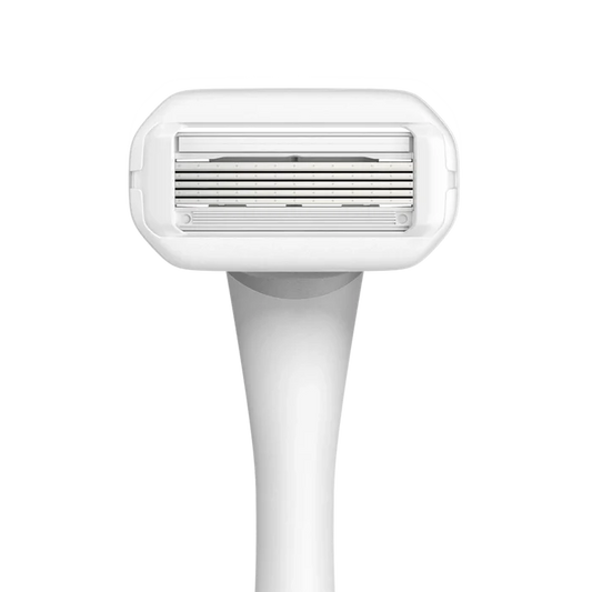 Nood razor front-facing product shot showing 5-blade cartridge head with ergonomic white handle on white background