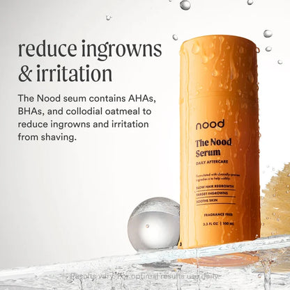 Nood Serum daily aftercare bottle splashing in water with reduce ingrowns and irritation headline highlighting AHAs, BHAs, and colloidal oatmeal formula