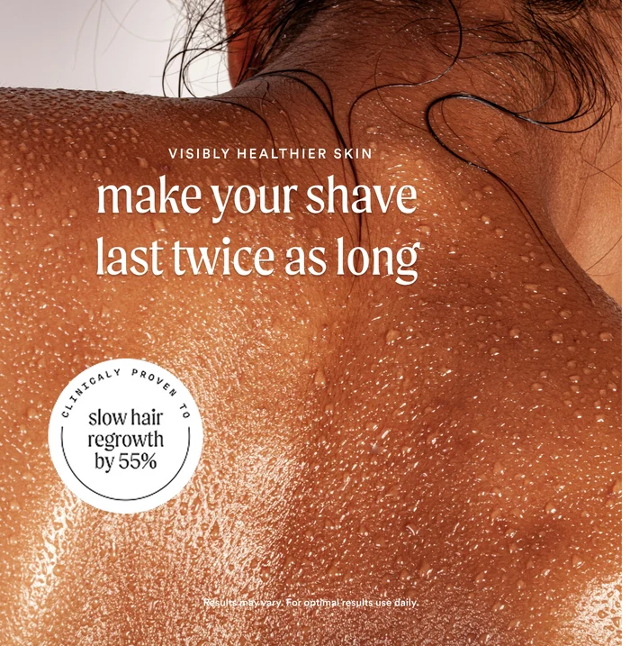 Close-up of skin with Nood Serum lifestyle image showing clinically proven to slow hair regrowth by 55% badge and make your shave last twice as long headline