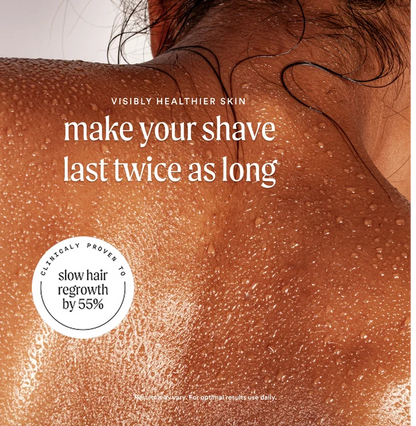 Close-up of skin with Nood Serum lifestyle image showing clinically proven to slow hair regrowth by 55% badge and make your shave last twice as long headline