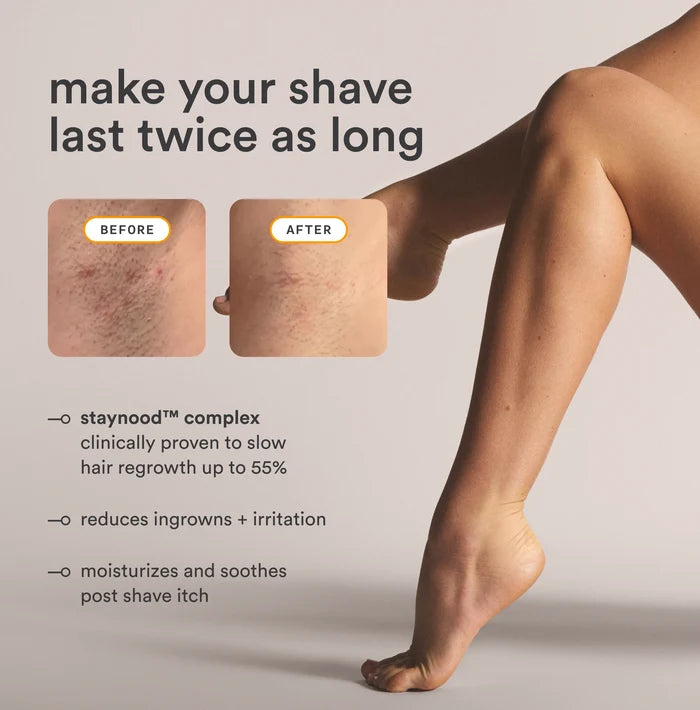 Nood Serum make your shave last twice as long lifestyle image with before and after comparison showing StayNood Complex reducing hair regrowth by 55% on smooth legs