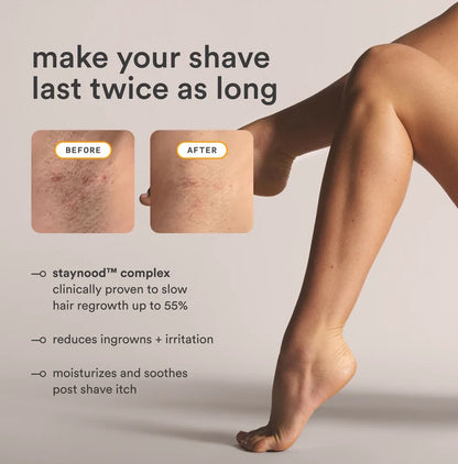 Nood Serum make your shave last twice as long lifestyle image with before and after comparison showing StayNood Complex reducing hair regrowth by 55% on smooth legs