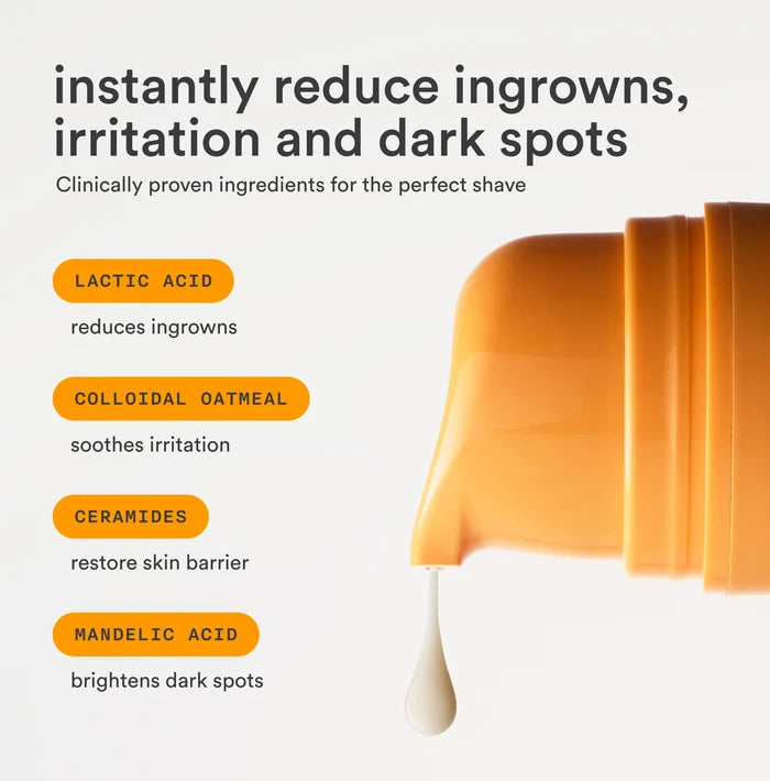 Nood Serum ingredient breakdown showing Lactic Acid for ingrowns, Colloidal Oatmeal for irritation, Ceramides for skin barrier, and Mandelic Acid for dark spots